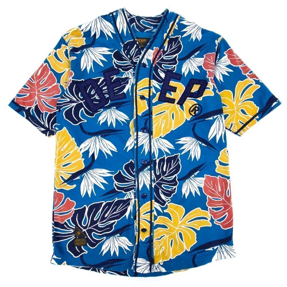 10 DEEP Blue Bird of Paradise Jersey Button Down Top Mens Medium Hawaiian Floral